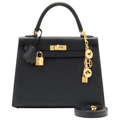 Hermes Kelly 25cm Schwarz Epsom Sellier Tasche Gold Juwel U Stempel, 2022