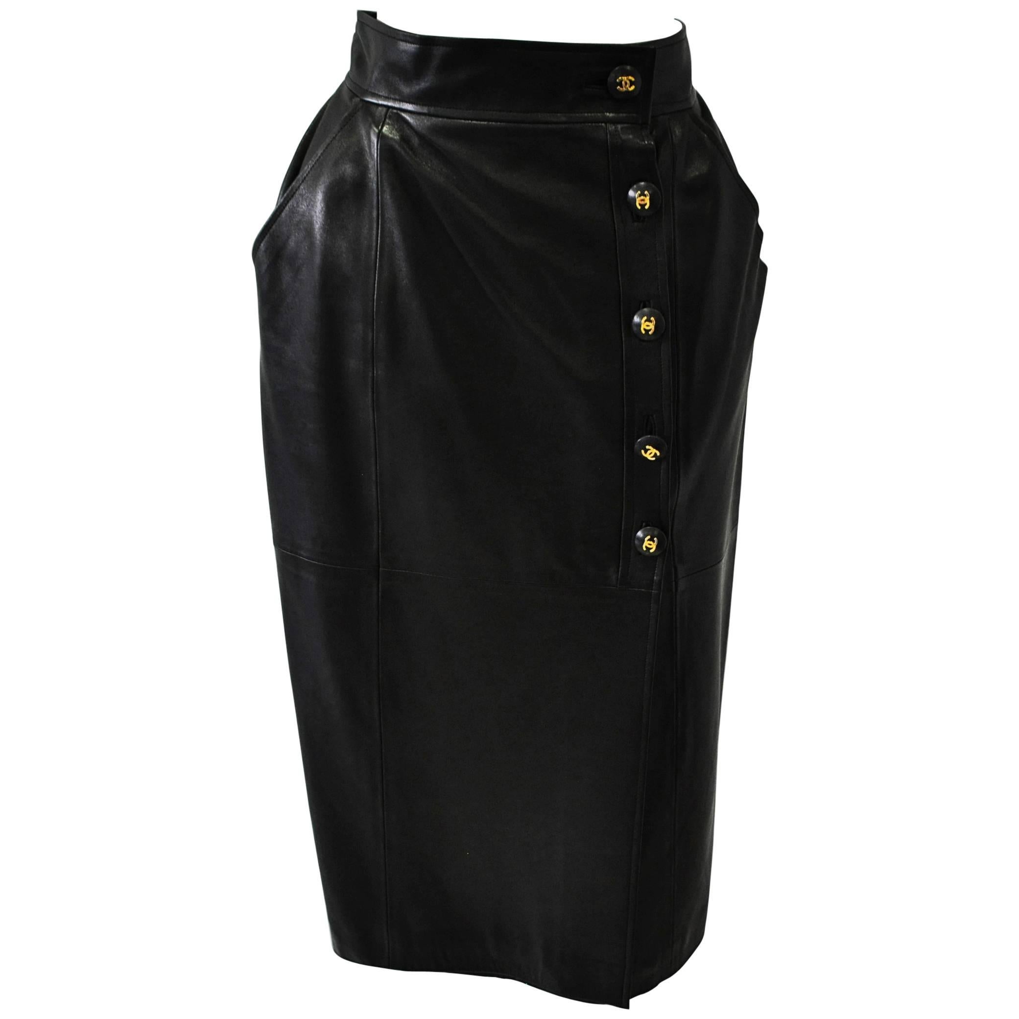 Chanel Black Leather Iconic Side Button Mid Length Skirt For Sale