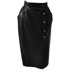 Chanel Black Leather Iconic Side Button Mid Length Skirt