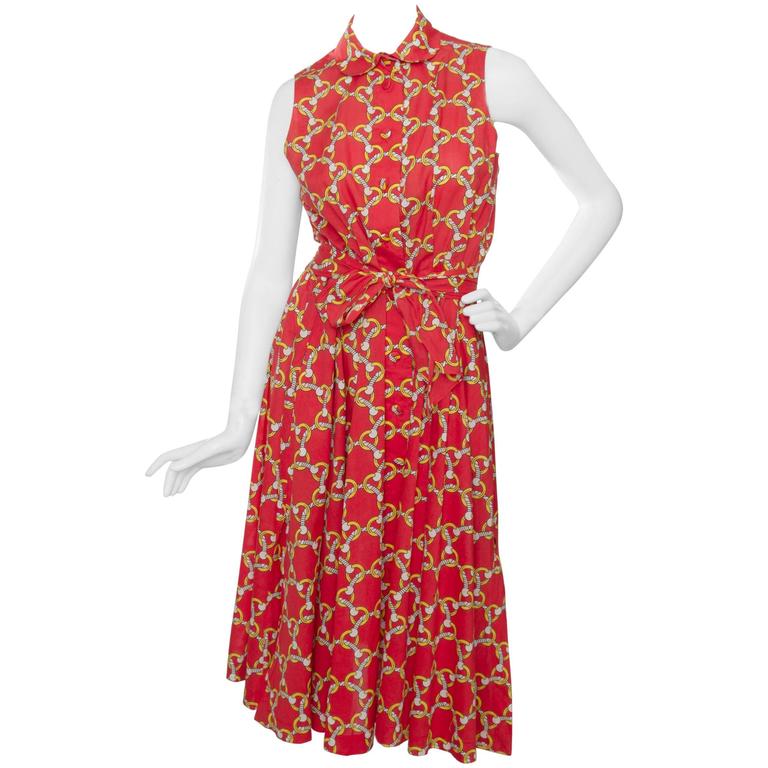 1970s Hermès Horsebit Printed Cotton Dress For Sale at 1stdibs