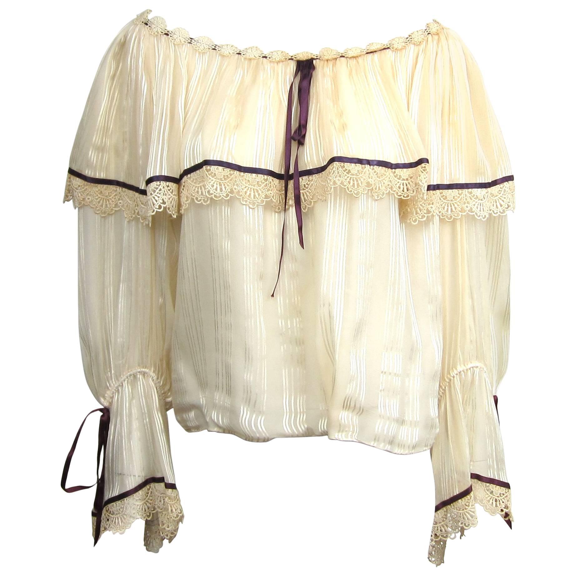 1970s Yves Saint Laurent Silk Pheasant Ruffled Numbered Blouse