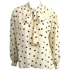 1970s Vintage Yves Saint Laurent Silk Ivory & Black Polka Dot Blouse 