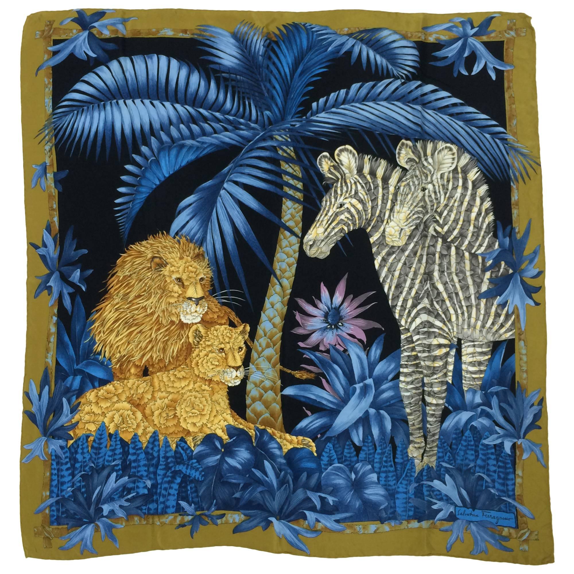 Vintage Ferragamo blue jungle silk scarf Lions & Zebras 1980s