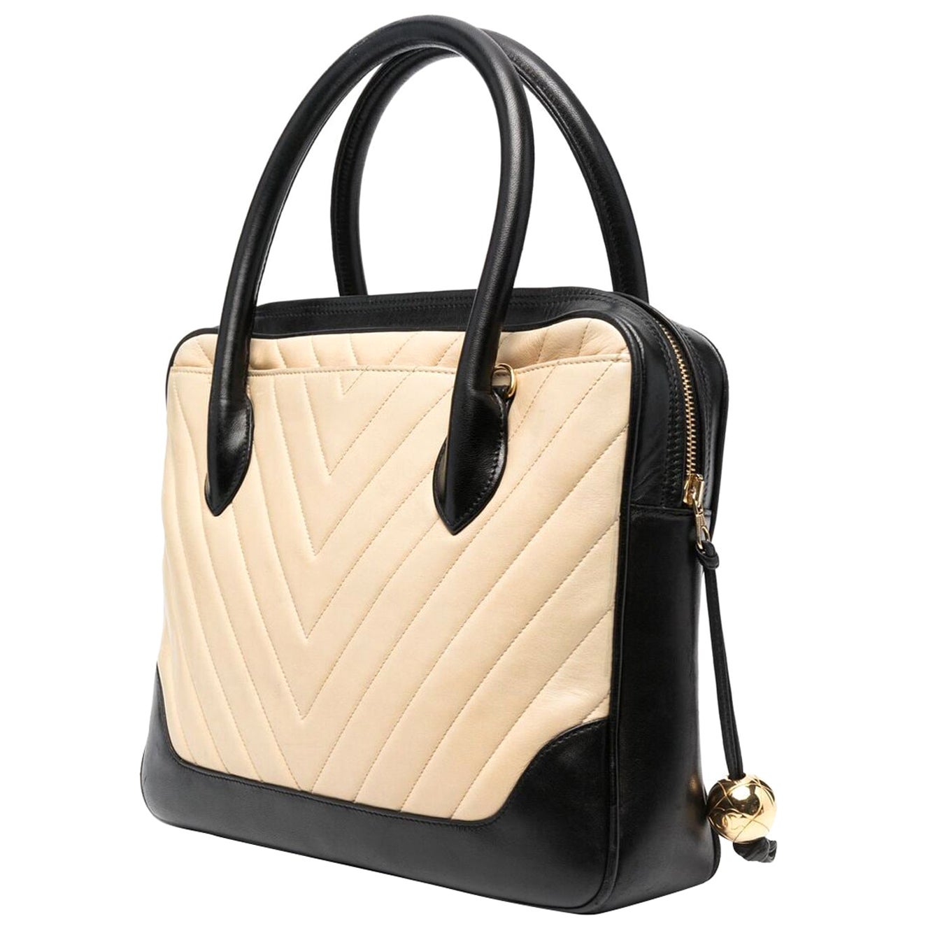 Chanel Black and Beige Quilted Leather Tote Bag