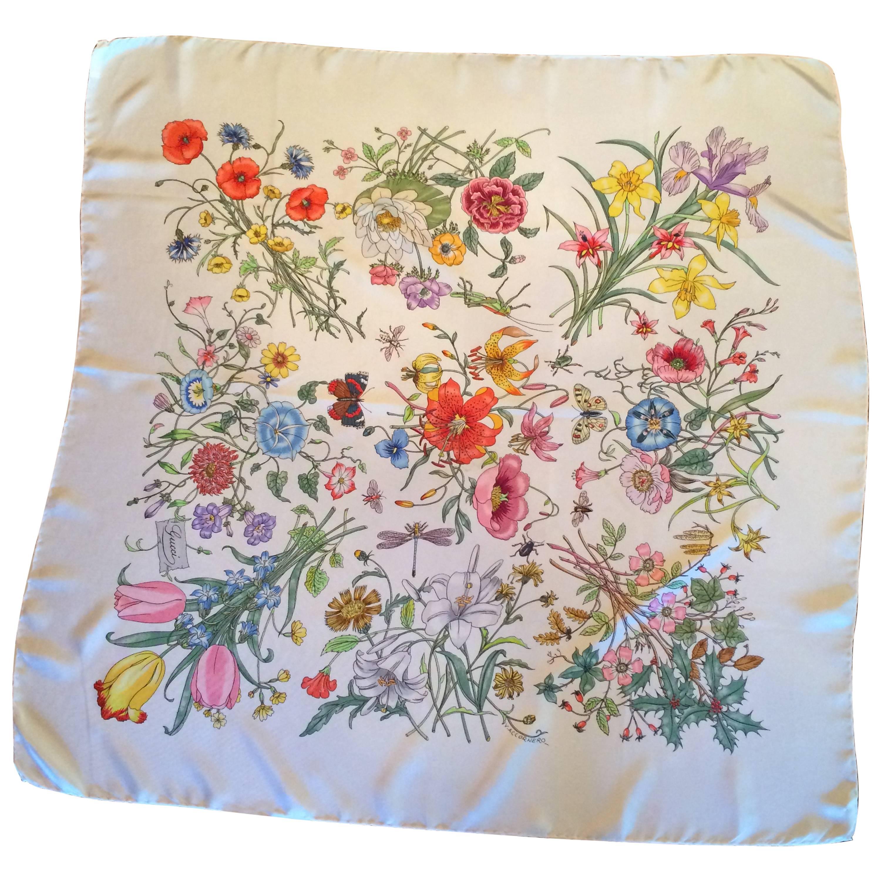 Gucci Silk Scarf with floral pattern.  This pattern has been re-issued and is in the most current Gucci Collection