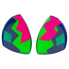 Boucles d'oreilles à clip en lucite géométrique multicolore Pop Art