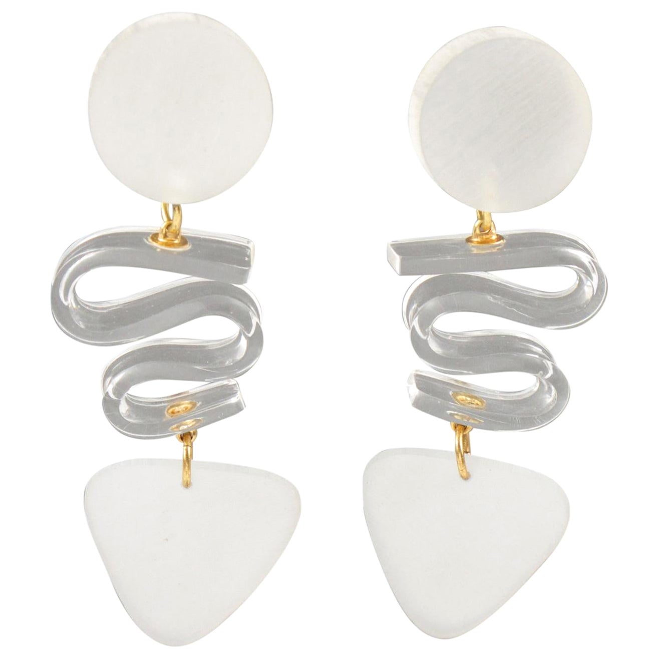 Kaso Oversized Frosted White Lucite Dangle Clip Earrings For Sale