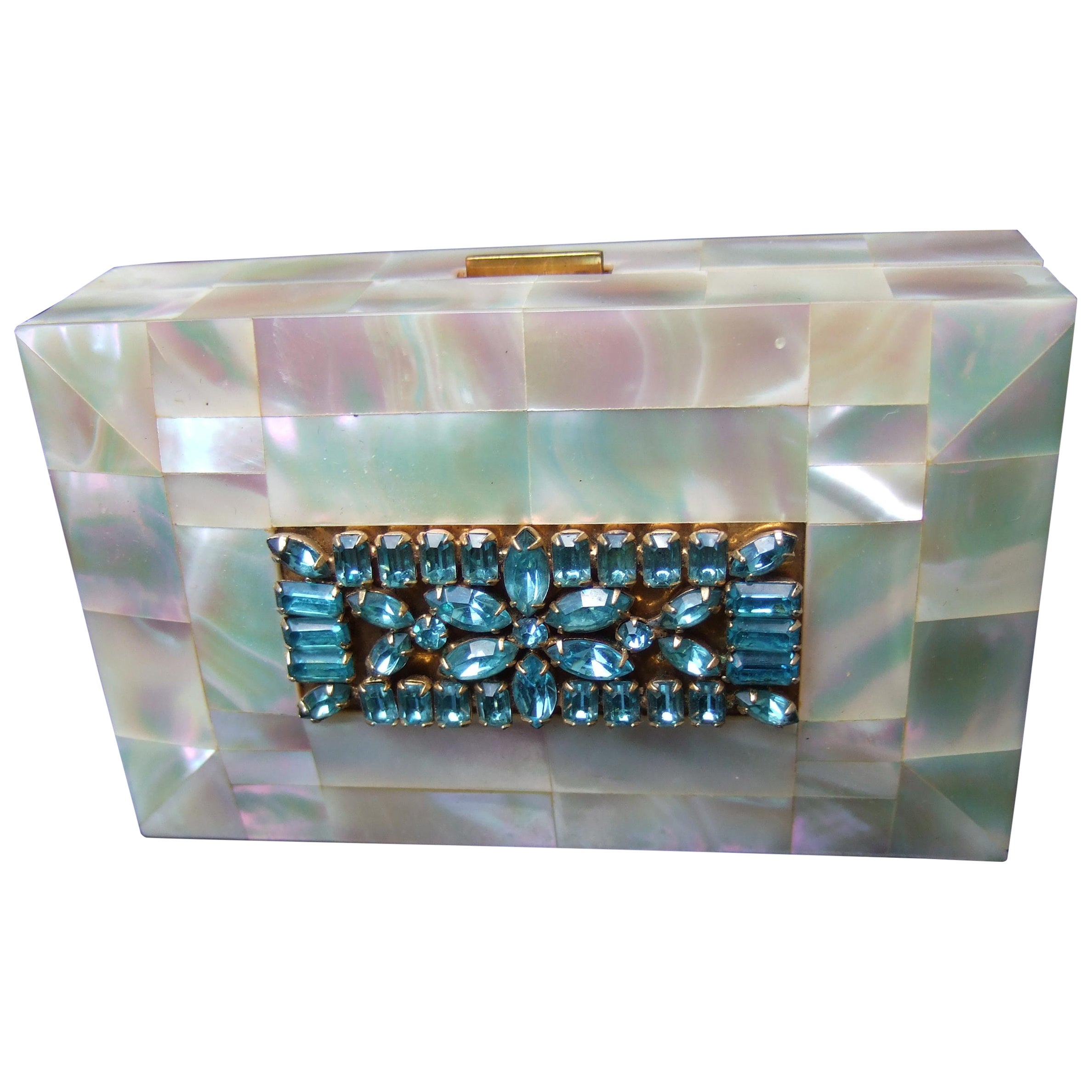 Opulent Mother of Pearl Crystal Encrusted Compact Evening Bag by Elgin c 1950s