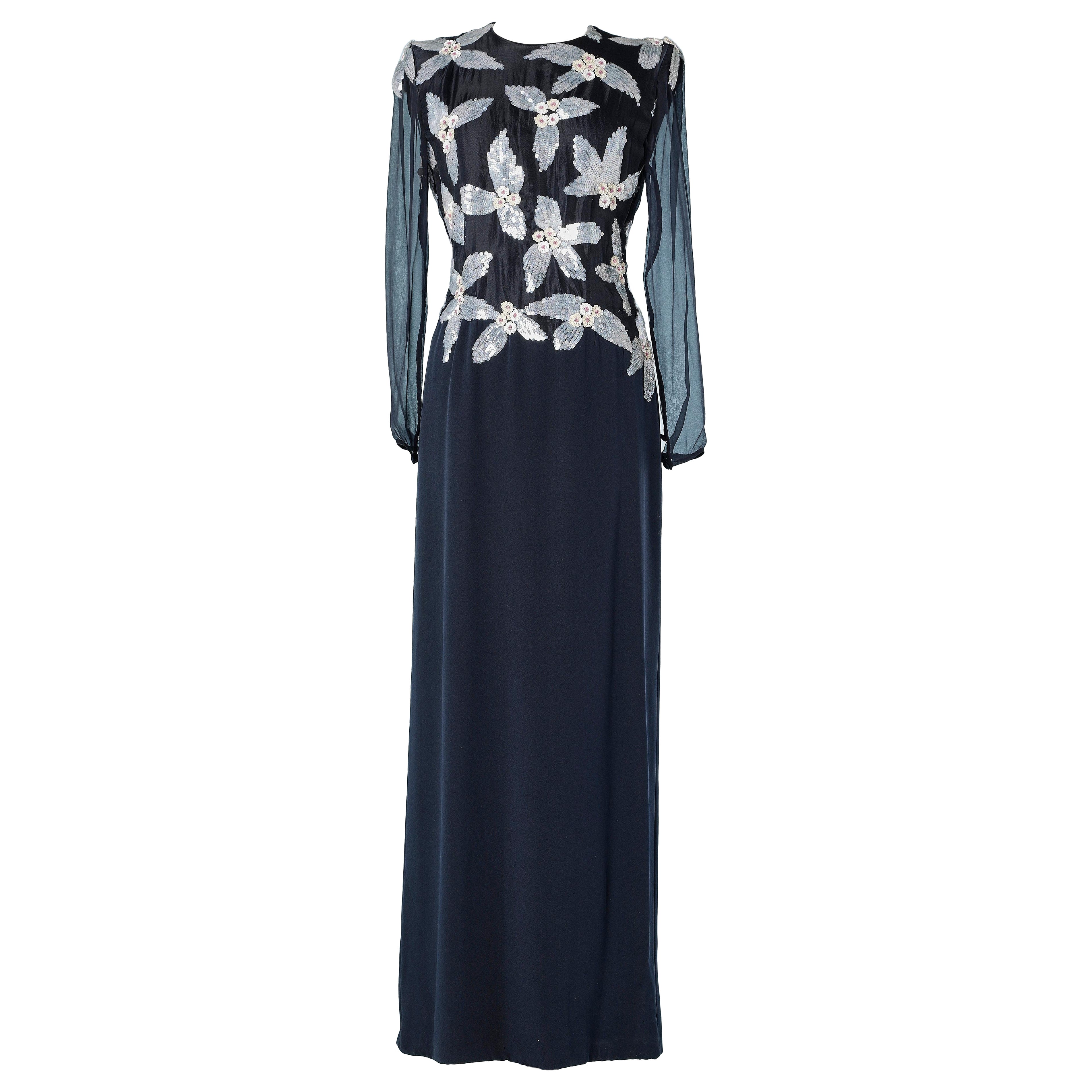 Navy blue rayon evening gown with sequins and beads flower