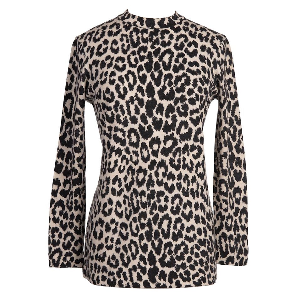 1970s LEONARD Fashion Paris Black White Animal Leopard Print Wool Blend Knit Top For Sale