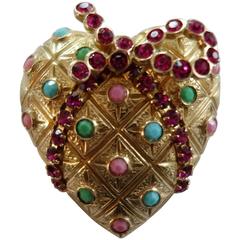 CASTLECLIFF Heart Ribbon Wrapped Gilt CZ Rhinestone Brooch Pin