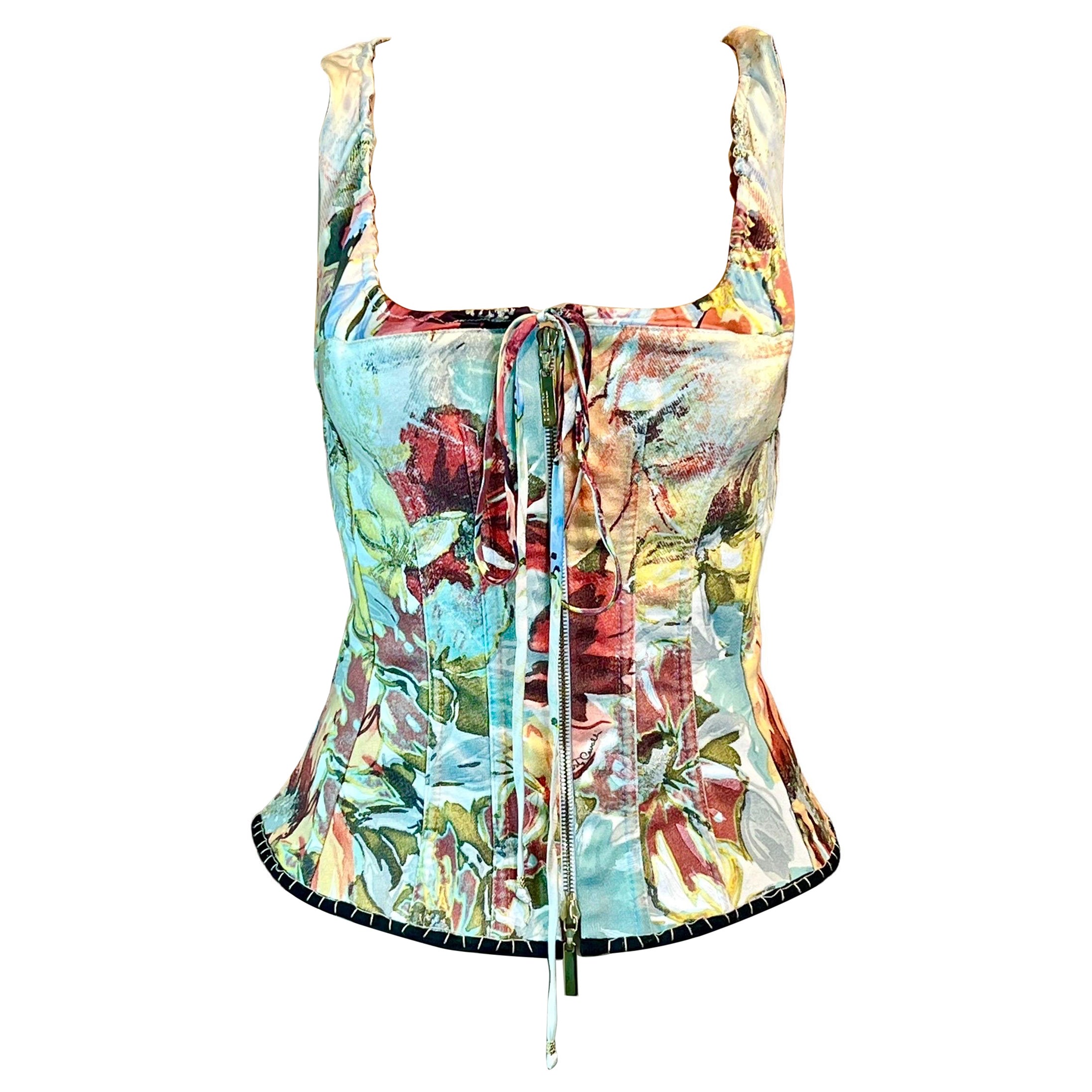 Roberto Cavalli S/S 2003 Bustier Corset Floral Abstract Print Denim Silk Top  For Sale at 1stDibs | abstract corset, multicolor corset top
