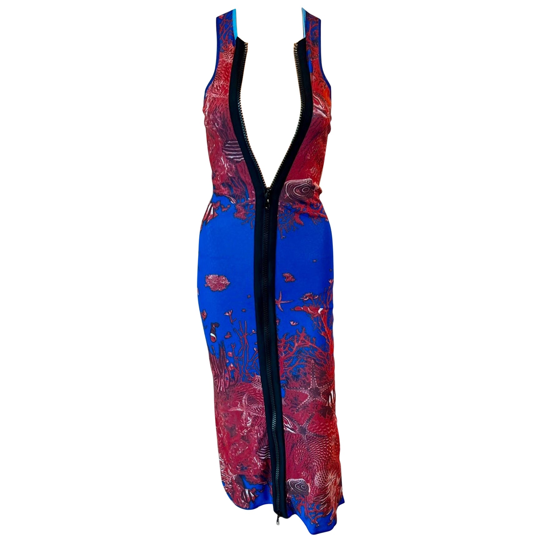 Jean Paul Gaultier Soleil - Robe longue moulante en maille avec imprimé natures marines et fermeture éclair, printemps-été 1999 en vente