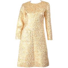 1960s Gold Metallic and Cream Brocade Dress