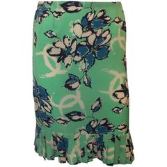 Chanel Mint and Blue Floral Print Silk Skirt with Pleating - 36