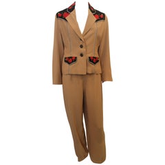 Todd Oldham 1990's Tan Floral Embroidered Pant Suit - Size 8