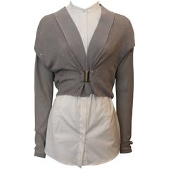 Brunello Cucinelli White and Gray Button Up and Cropped Vest Set - M