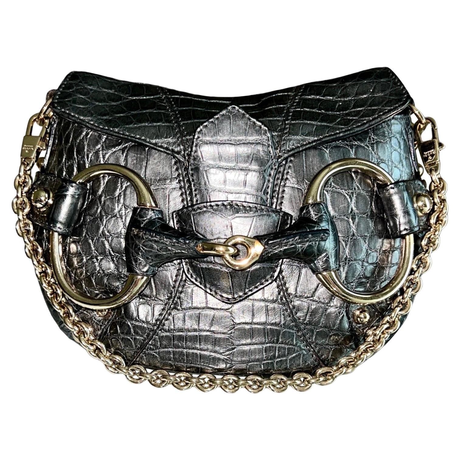 Exotic Gucci Tom Ford 2003/4 Gunmetal Metallic Grey Horsebit Clutch Bag Purse 