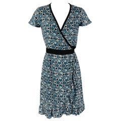 MARGARET OLEARY Blue White Black Abstract Floral Viscose Wrap Dress