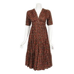 Vintage 1970s Ossie Clark 'Autumn Leaves' Print Cotton Empire Waist Plunge Dress