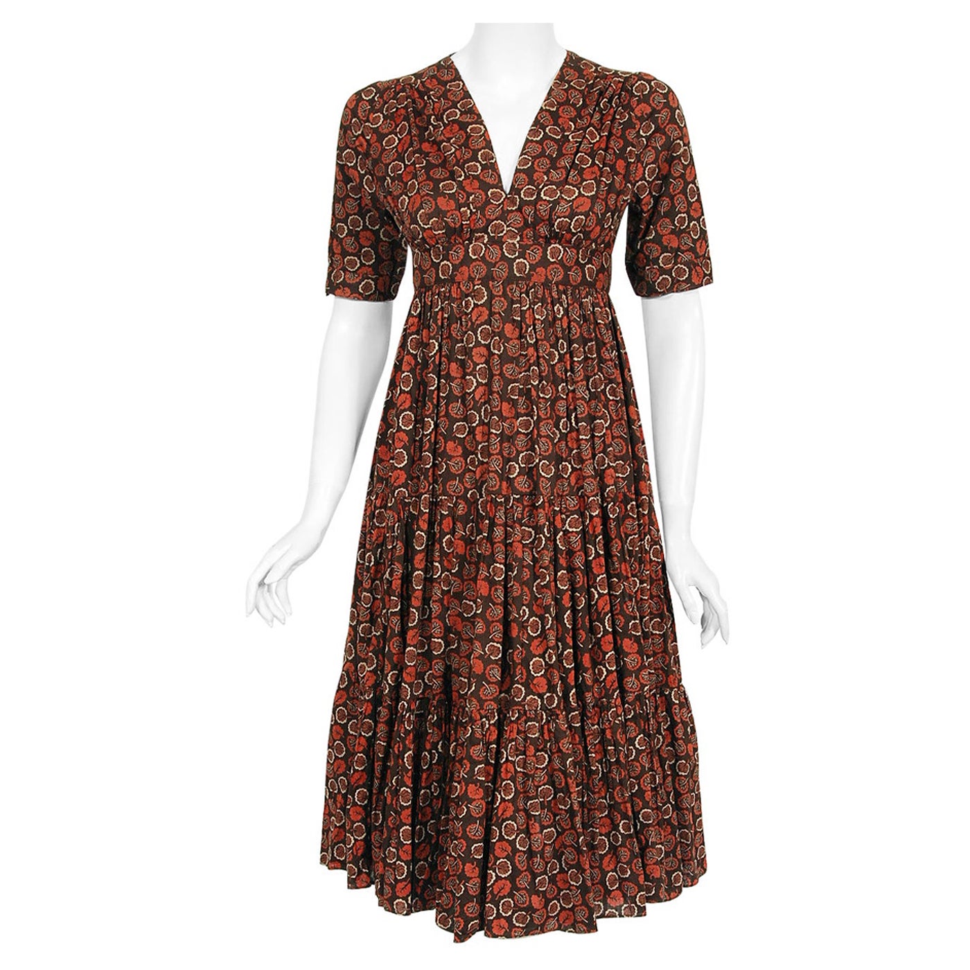 Vintage 1970s Ossie Clark 'Autumn Leaves' Print Cotton Empire Waist Plunge Dress For Sale