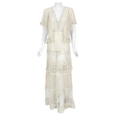 Vintage 1970s Ivory Mixed Lace Sheer Cotton Bohemian Flutter-Sleeve Bridal Gown