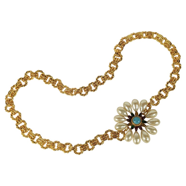 Chanel Gold Chain Link Belt/Necklace with Gripoix and Pearl Camelias-Circa  70's at 1stDibs