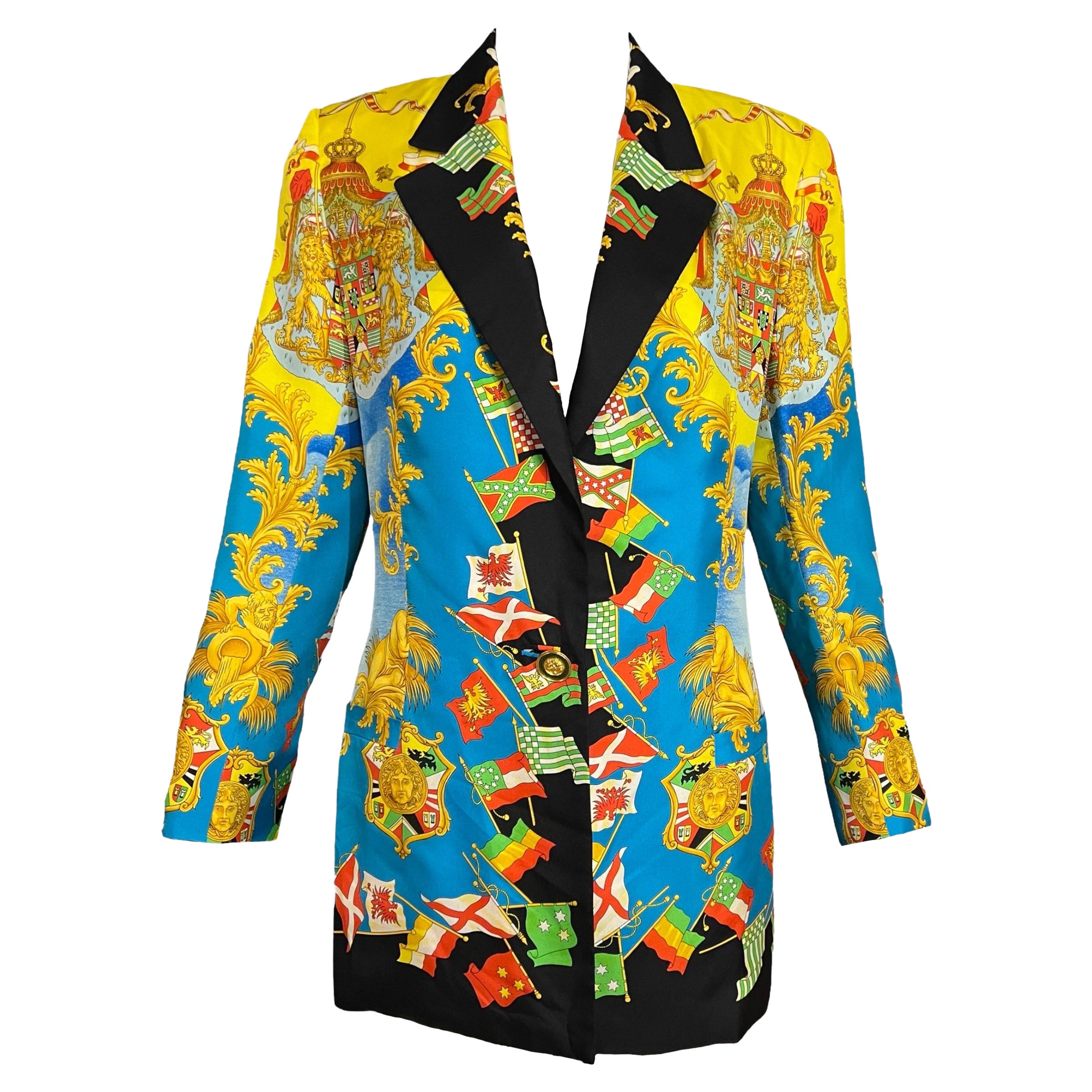 S/S 1993 Gianni Versace Baroque Flags Silk Blazer Jacket Miami Collection  For Sale