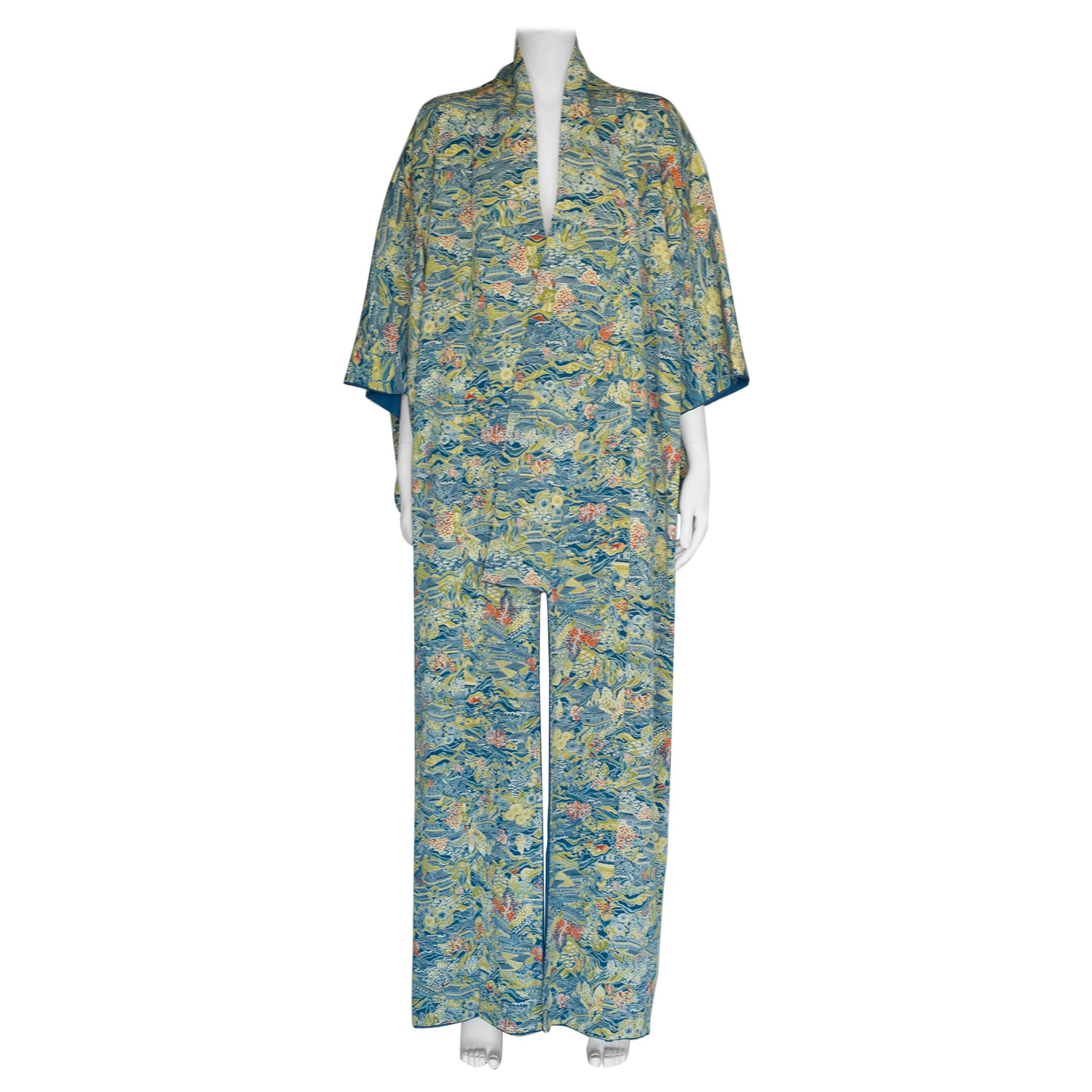 Manteau kimono en soie et imprimé paysage des années 1930