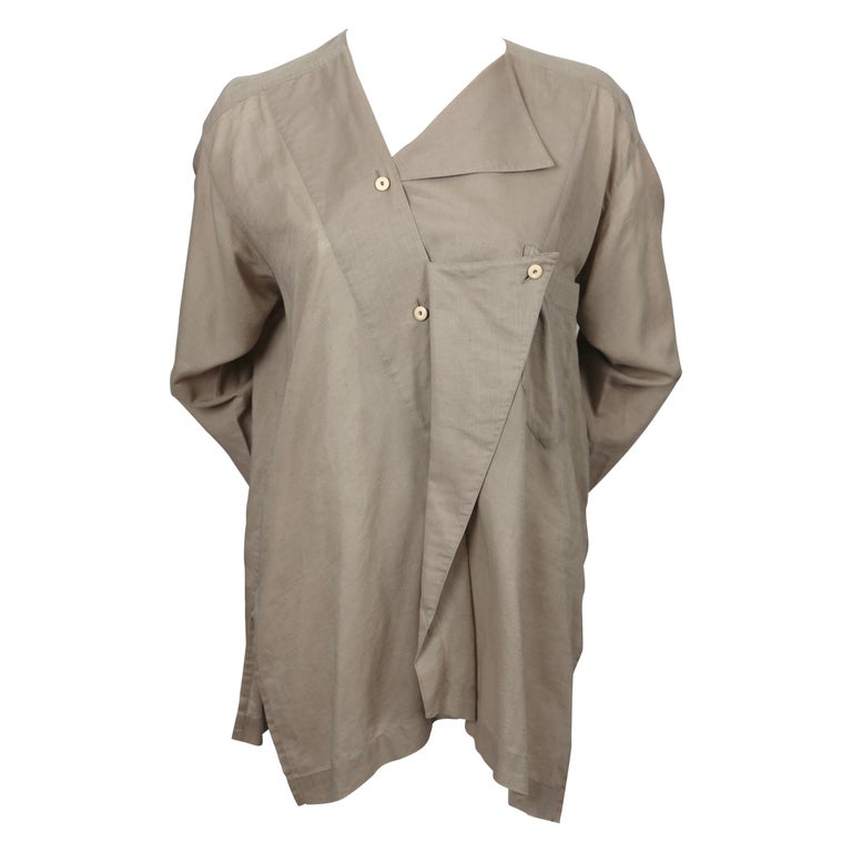 1980's ISSEY MIYAKE tan cotton shirt with draped neckline For Sale at ...