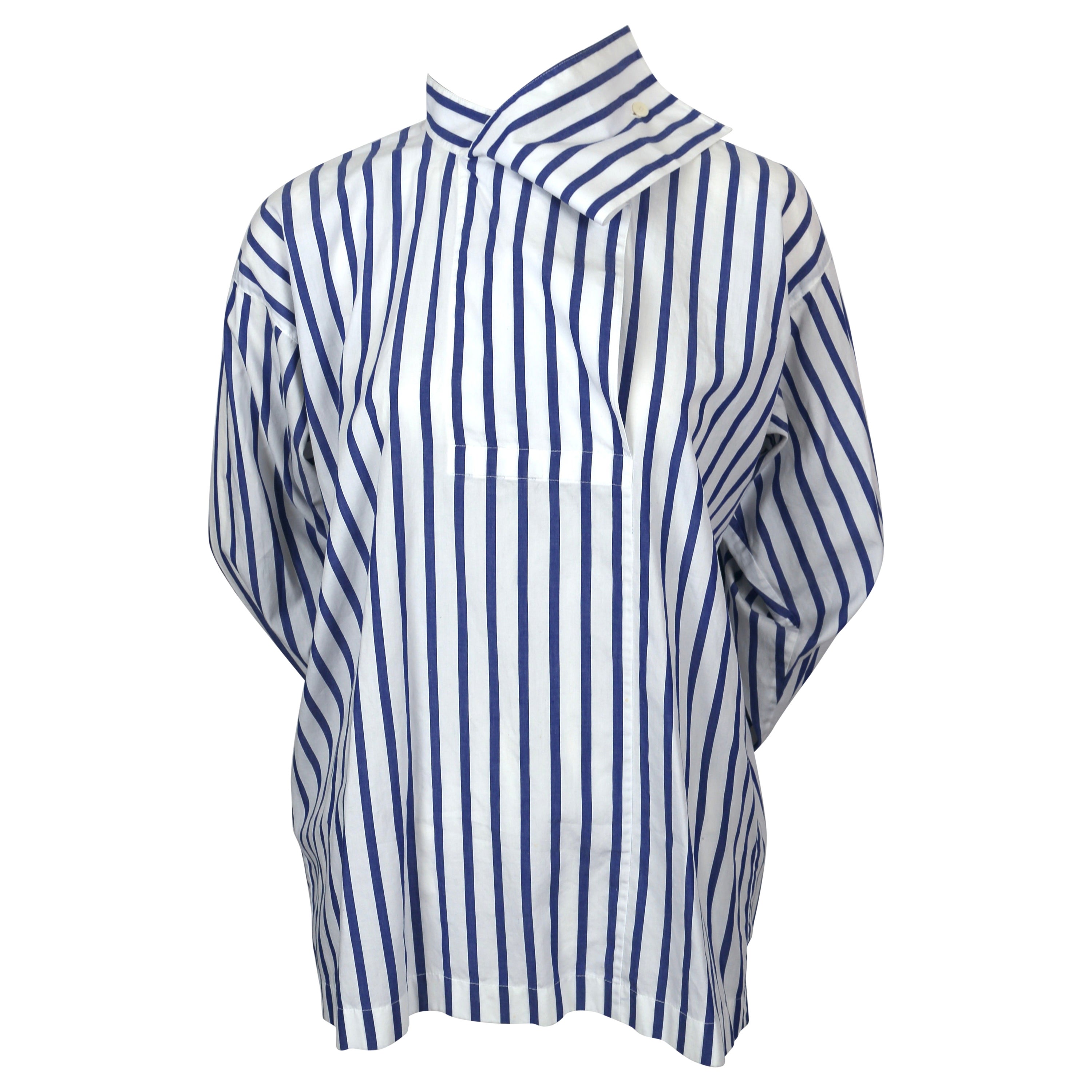 1980's ISSEY MIYAKE blue and white striped cotton shirt with draped neckline For Sale