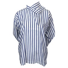 1980's ISSEY MIYAKE blue and white striped cotton shirt with draped neckline
