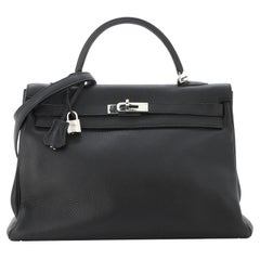 Hermes Kelly Handbag Noir Clemence with Palladium Hardware 35