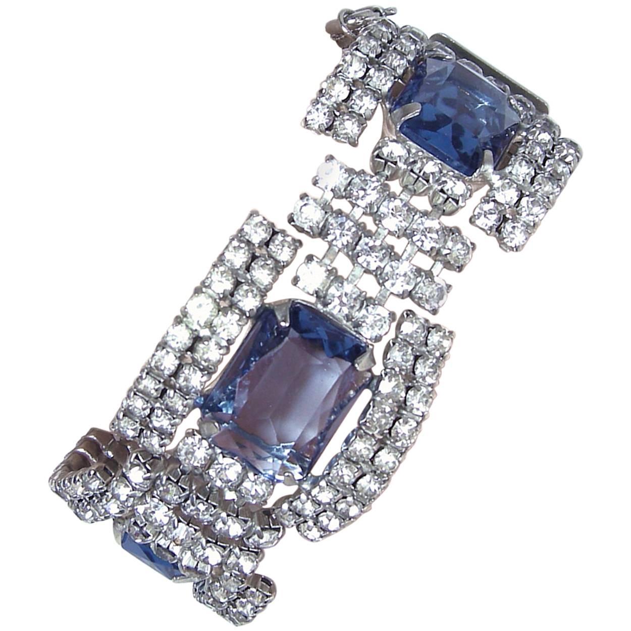 Art Deco Vintage Blue & Clear Rhinestone Bracelet