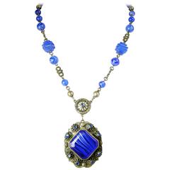 Vintage 1930s Czech Gilt Brass & Cobalt Blue Glass Pendant Necklace        