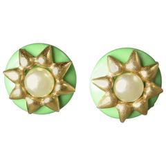 Chanel Vintage Signed 95C Green Faux Pearl Earrings