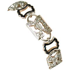 Vintage Art Deco Sterling Silver Paste Bracelet With Black Enamel 11