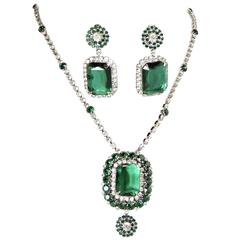 Vintage Faux Emerald & Clear Rhinestone Necklace Set