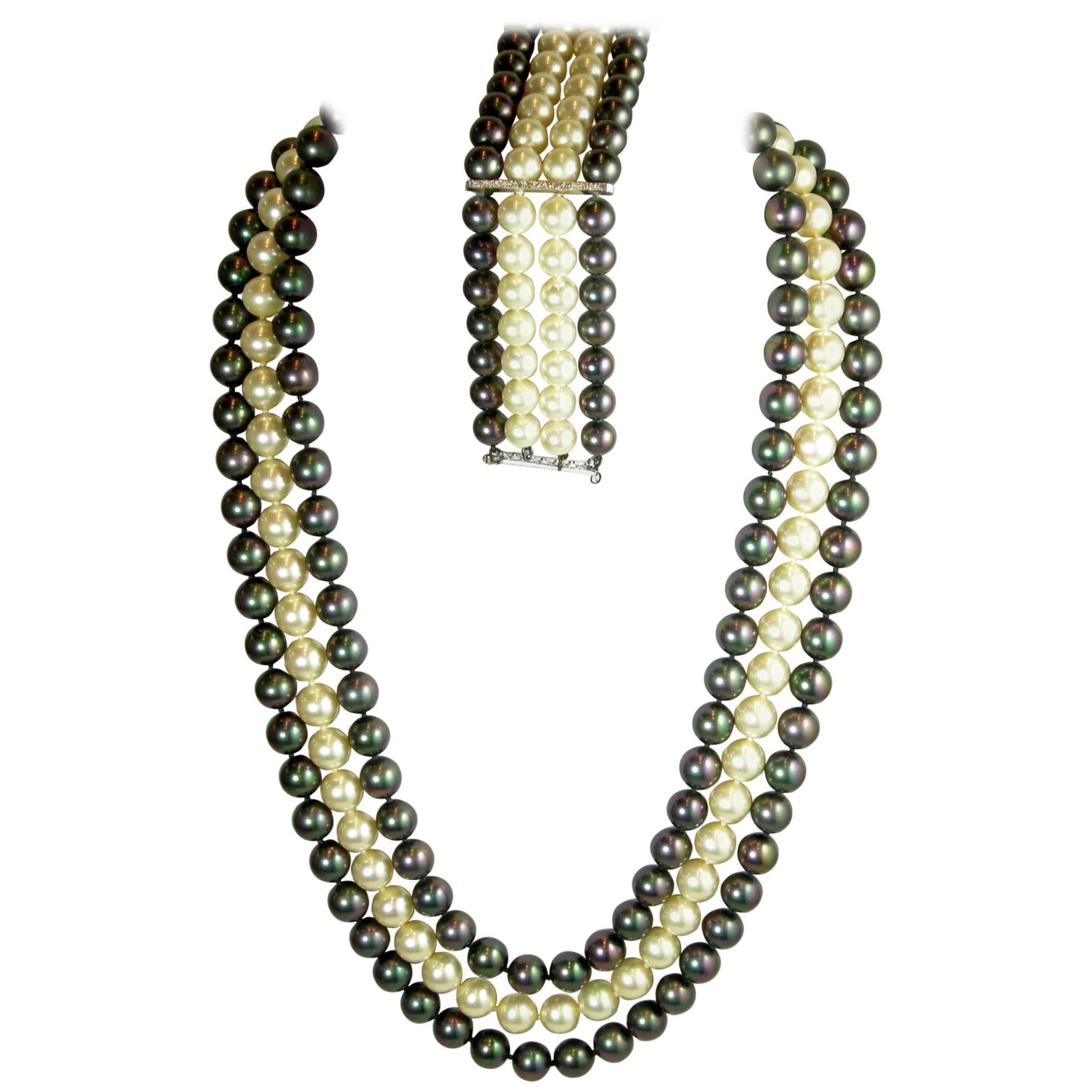  Three Strand Iridescent Vintage Faux Pearl Necklace and Bracelet For Sale