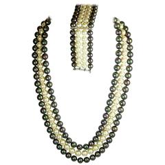 Three Strand Iridescent Vintage Faux Pearl Necklace and Bracelet