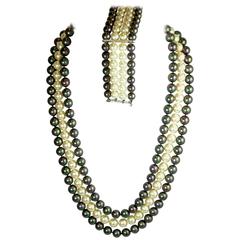  Three Strand Iridescent Vintage Faux Pearl Necklace and Bracelet