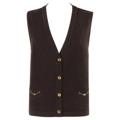 CELINE c.1990s Brown Gold Wool Button-Up V-Neck Sleeveless Sweater Vest Top