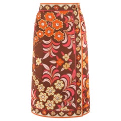 EMILIO PUCCI c.1970s Brown Multicolor Floral Print A-Line Button-Up Wrap Skirt