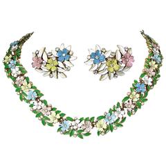 Vintage Famous Trifari Floral Enamel Necklace & Earrings