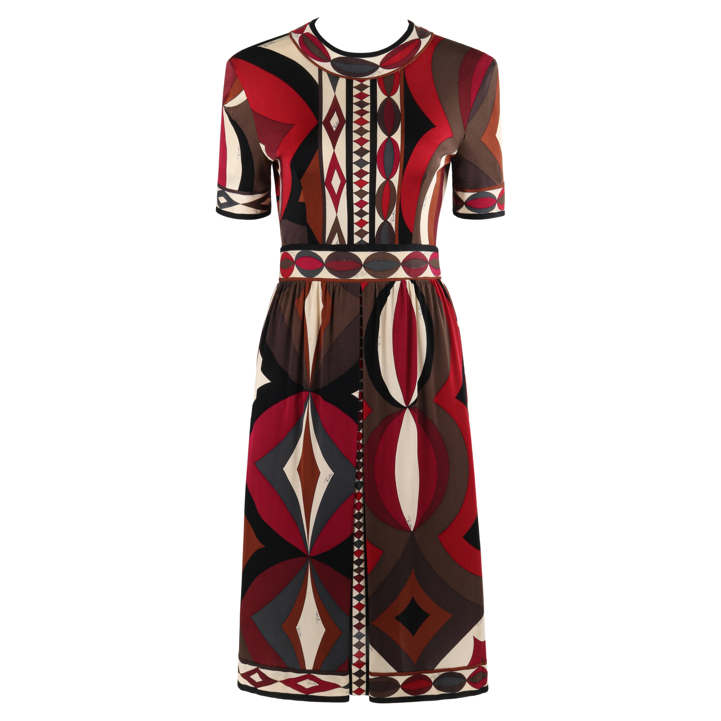 EMILIO PUCCI ca. 1960er Mehrfarbiges Kurzarm-Plissee-Kleid aus Seide mit geometrischem Druck im Angebot