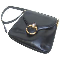 Vintage Gucci Rare Ebony Leather Tiger Emblem Shoulder Bag ca 1970s
