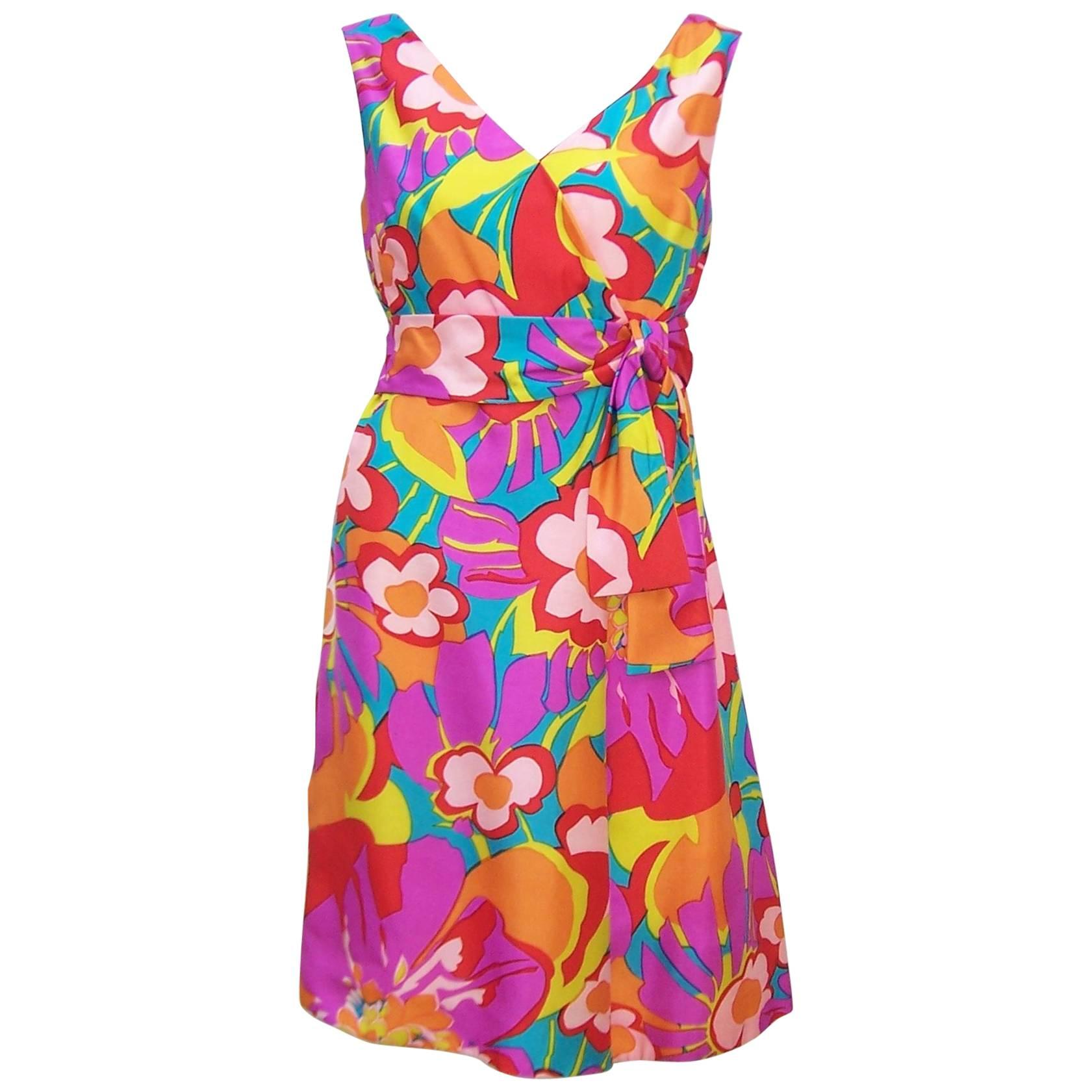 1960s Morton Myles Tropical Floral Silk Dress