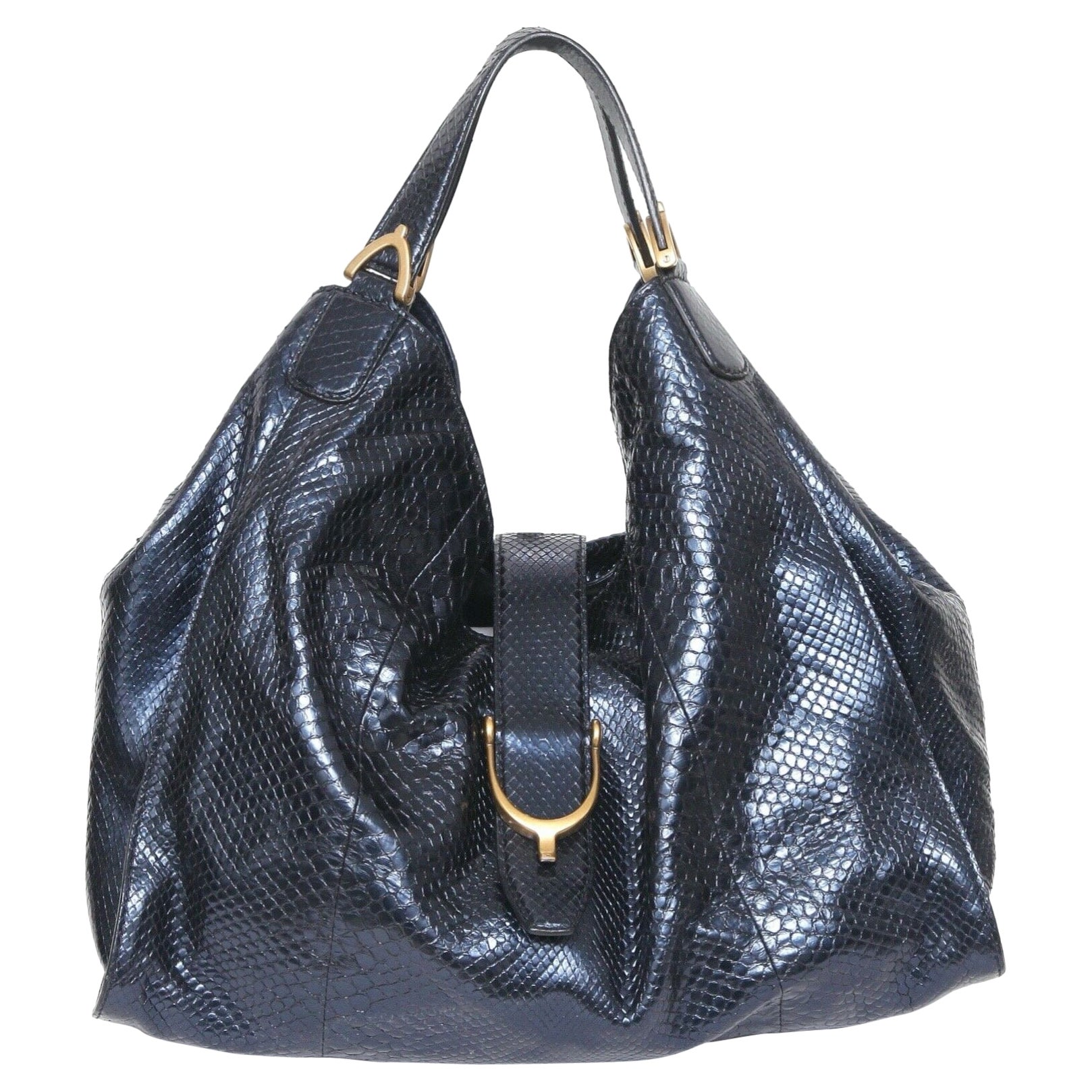 GUCCI Shoulder Bag STIRRUP Exotic Leather Snakeskin Horsebit Blue Navy Gold HW