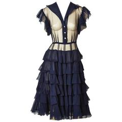 Navy Chiffon Dress with Ruffle Detail 