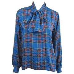 1970s Vintage Blue Plaid Yves Saint Rive Gauche Silk Blouse 1976 Collection 12